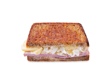 Reuben sandwich with ham, sauerkraut and cheese on a white isolated background