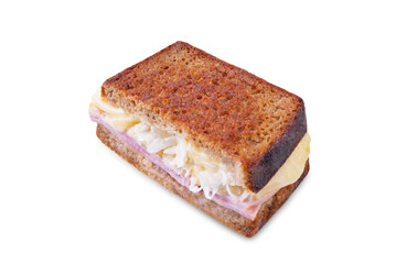 Reuben sandwich with ham, sauerkraut and cheese on a white isolated background