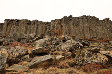 Fototapeta na wymiar Gerðuberg is a cliff of dolerite, a coarse-grained basalt rock, located on western peninsula Snæfellsnes of Iceland