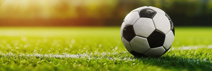 Soccer ball on blurred soccer field background with copy space.