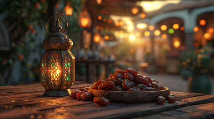 Dates close up in the background. with glowing Lantern on a wooden table Generative Ai