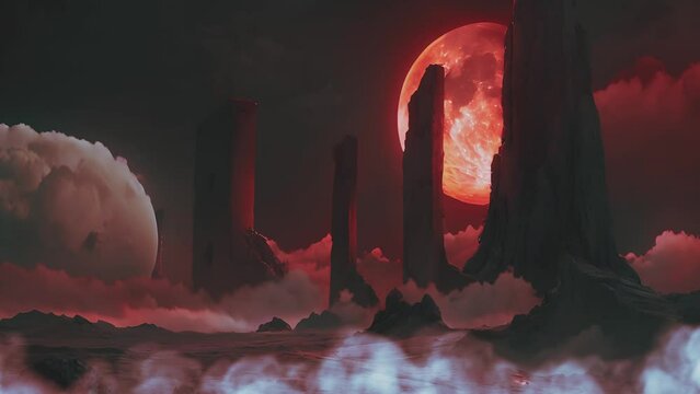 Fantasy landscape with mountains and red moon