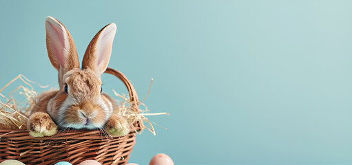 A bunny inside a basket holding an easter placard with some easter eggs and copyspace