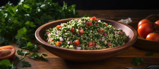 The bowl of tabouli glistened with the vibrant hues of parsley, mint, tomato, and onion, drenched in a zesty mix of olive oil, lemon juice, and the hearty texture of bulgar wheat. 
