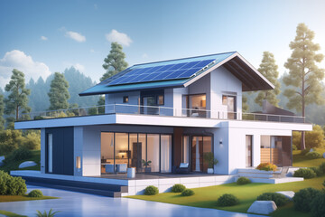 Solar battery on a modern house. Flat style. Generative AI tools