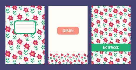 Exercise book Cover floral template. Minimalist Page of Notebook with spring flowers. Universal botanical layouts for diary. Vector design of Summer bright planner in flat style