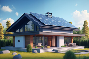 Solar battery on a modern house. Flat style. Generative AI tools