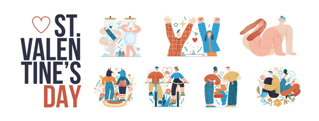Valentines day illustrations set - modern flat vector concept illustrations of couples celebrating their love, acting together, floral environment. Metaphor of unity, affection, love, connection