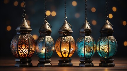 Ramadan Kareem celebration background illustration with arabic lanterns.