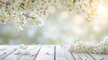 Spring background with white blossom and white wooden table , light blurred background, soft light