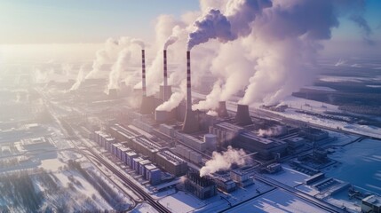 Fototapeta na wymiar Industrial Plant Emitting Steam and Smoke in Winter Landscape