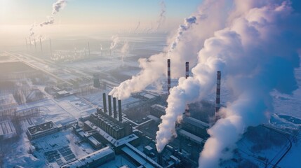 Industrial Plant Emitting Steam and Smoke in Winter Landscape