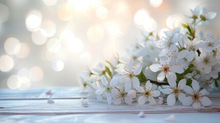 White spring flowers arrayed on a white table against a radiant soft blue bokeh background