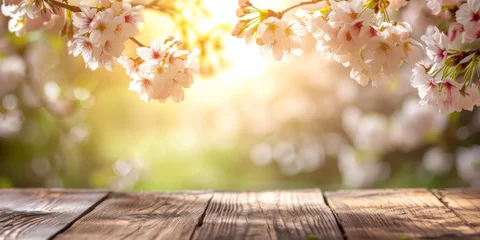 Foto op Plexiglas Spring background with white pink blossom and brown wooden table, light blurred background, soft light © mikeosphoto