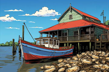 Fototapeta na wymiar Vintage Illustration of Oyster House and Boat