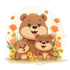 Illustration of a family of bears with flowers on a white background.