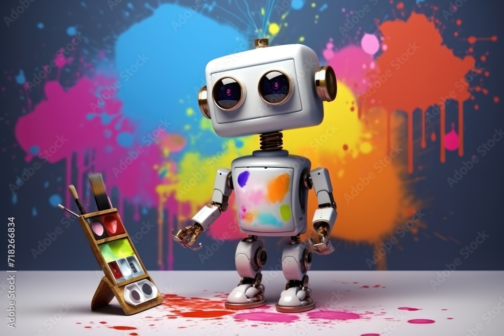 Poster concept of generative ai art technology, robot painting picture in studio. comeliness