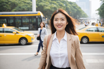 Happy smiling Asian Businesswoman with handbag walking on city street towards camera, one hand in...