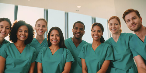 Happy medical team, a group of student nurses and doctors, walk together with smiles on their faces in a teaching hospital. Diverse healthcare students starting their clinical training in scrubs.
