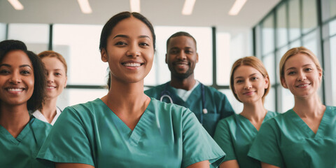 Happy medical team, a group of student nurses and doctors, walk together with smiles on their faces in a teaching hospital. Diverse healthcare students starting their clinical training in scrubs.