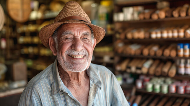 Smiling old caribbean man selling cigars at his tobacco shop - Powered by Adobe