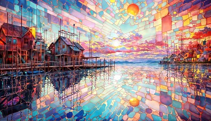 The image is a colorful painting of a small house on the water, with a dock leading to it. The sky is a gradient of pinks and purples, and there are yellow dots scattered throughout the painting.  - obrazy, fototapety, plakaty