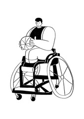 Inclusion basketball. Flat hand drawn illustration. PNG textured. Diverse isolated character. Line art man.