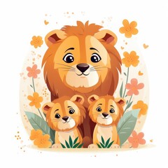 Illustration of a family of lions with flowers on a white background.