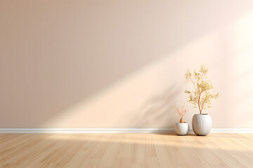 Fototapeta na wymiar A beautiful versatile background for design and product presentation with a beige wall, light reflections and a wooden floor. And a decorative vase with a plant on the wall.