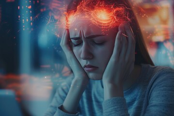 Portrait of a woman with migraine visualized as colorful red aura, headache rendered in vfx.