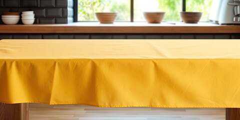 Wooden table with yellow cloth in kitchen setting.