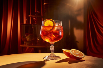 A glass of Aperol Spritz with orange slice in elegant backdrop