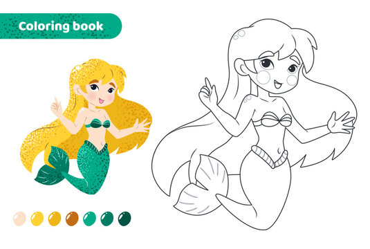 Coloring book for kids. Worksheet for drawing with cartoon mermaid. Cute magical creature with tail. Coloring page with color palette for children. Vector illustration. 