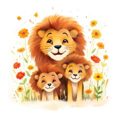 Obraz na płótnie Canvas Illustration of a family of lions with flowers on a white background.