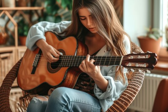 Cute girl learning to play guitar while sitting in cozy home interior. Young concentrated woman enjoying her hobby with musical instrument performance relaxing  