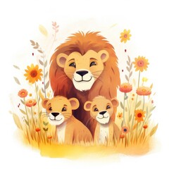 Obraz na płótnie Canvas Illustration of a family of lions with flowers on a white background.