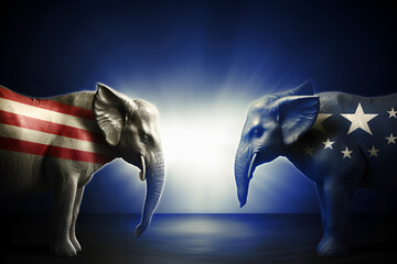 Two elephants bowed their heads to each other. Election. Racing concept. Colors of American flag - obrazy, fototapety, plakaty