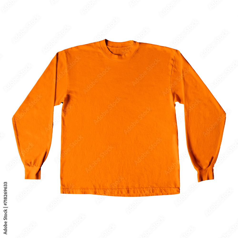 Wall mural Blank Long Sleeve T-Shirt Color Orange Front View Template Mockup on Transparent Background