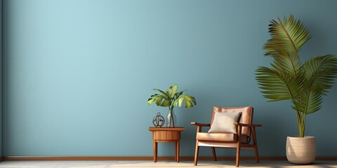 Vintage-style apartment interior with blue wall, wooden furniture, mock-up poster, and tropical plant.