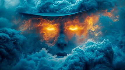 abstract surreal face with orange eyes emerges from the blue clouds of smoke