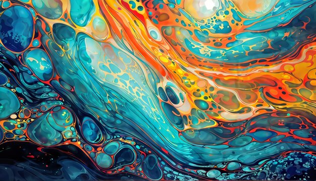 An abstract painting with orange, blue, and teal colors. The colors mix and create new hues, and there are bubbles in the lower left corner. The background is white.