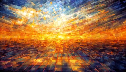 The image is an abstract painting of a sunrise. The sky is filled with warm colors of orange, yellow, and blue, while the sun is a bright yellow. 