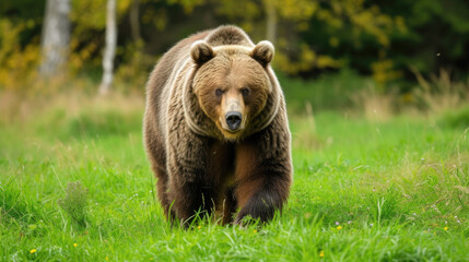 Majestic Brown Bear Walking in a Green Meadow