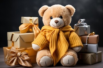 A teddy bear adorned in golden attire sits among gifts, symbolizing festivity and generosity