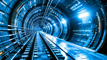 Vast Digital Tunnel in Cyberspace, Speed and Communication, Blue Network Lines, Futuristic...