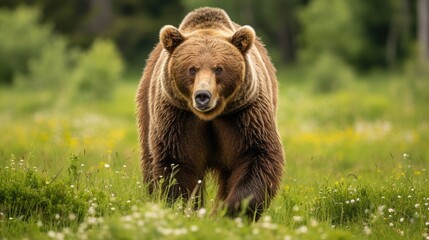 Majestic Brown Bear Walking in a Green Meadow