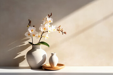 Beautiful blooming orchid in vase with mockup and small vase on wooden podium. Beige background...