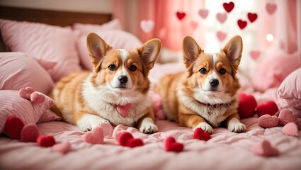 Cute corgi dogs lie on the bed surrounded by red and pink hearts. Generative AI