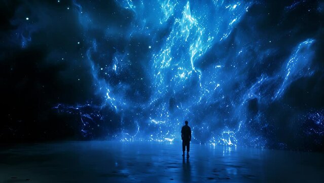 Man in front of a glowing blue outer space