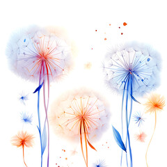 Colorful dandelions, watercolors, white background, delicate floral illustration